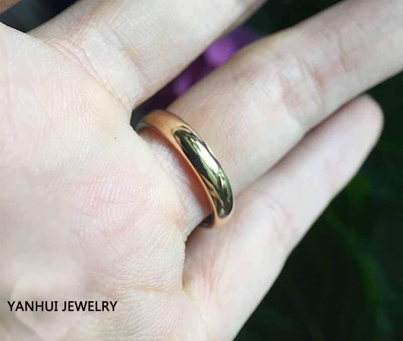 YANHUI Never Fade Fine Gold Color Gloss Stainless Steel Ring Simple Round 4mm Wedding Band Rings for Women and Men Couple Gift