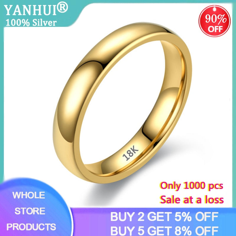 YANHUI Never Fade Fine Gold Color Gloss Stainless Steel Ring Simple Round 4mm Wedding Band Rings for Women and Men Couple Gift
