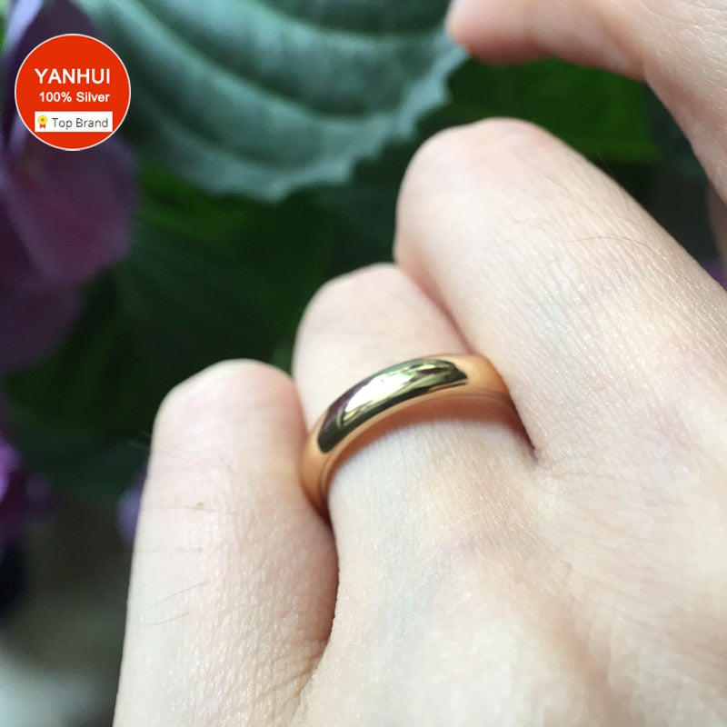 YANHUI Never Fade Fine Gold Color Gloss Stainless Steel Ring Simple Round 4mm Wedding Band Rings for Women and Men Couple Gift