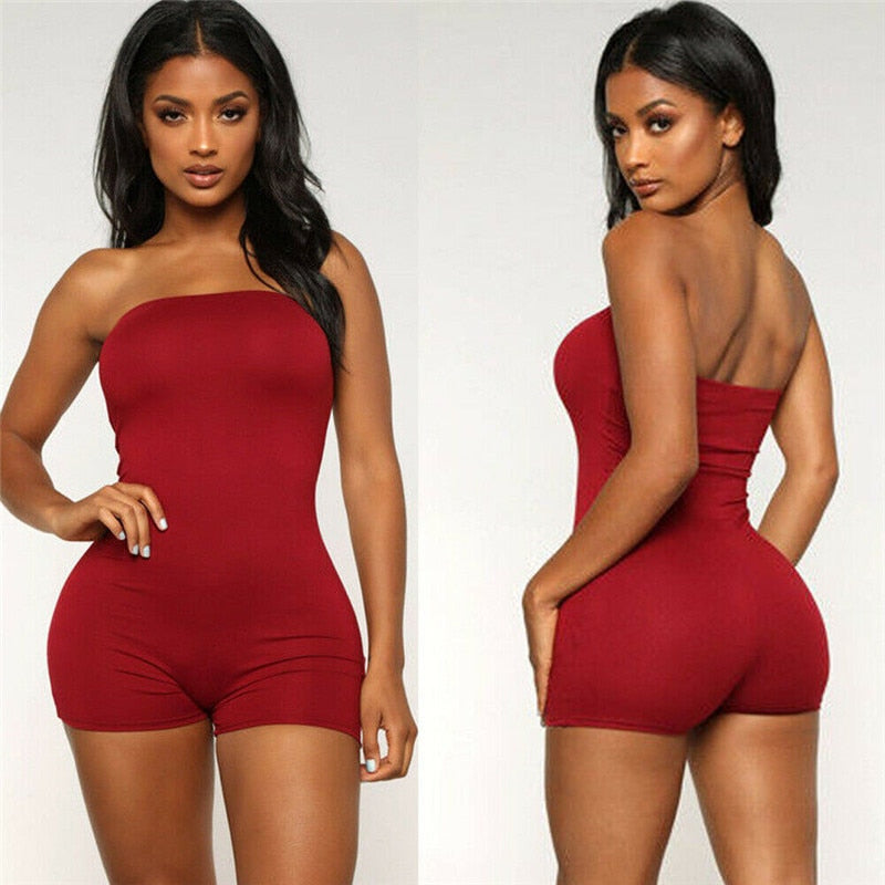 Women Casual Strapless Jumpsuit Playsuit Tube Bodysuit Bodycon Short Romper Catsuit Clubwear Summer Off Shoulder Short Pants