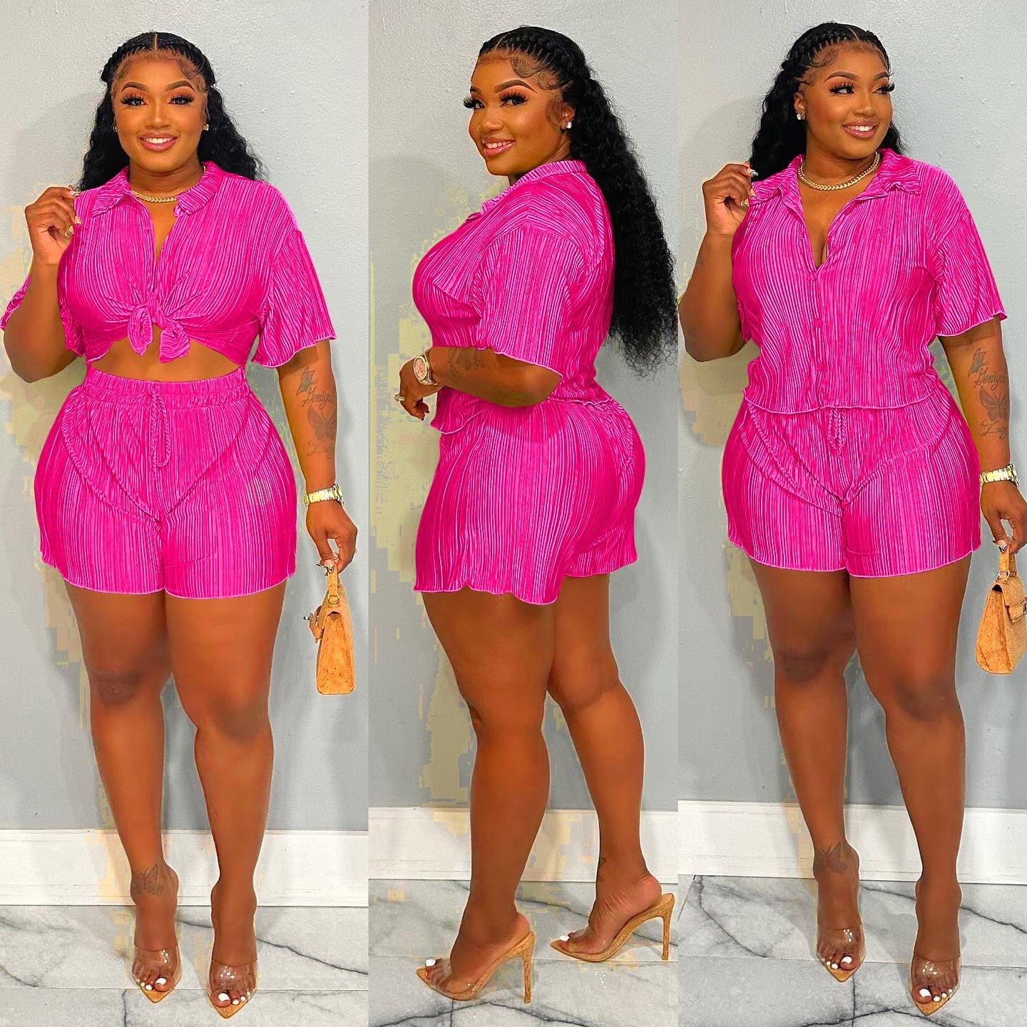 QFAF Fashion Pleated Women's Set Short Sleeve overiszed Shirt and Shorts Suit 2023 Summer Two 2 Piece Set Outfit Tracksuit