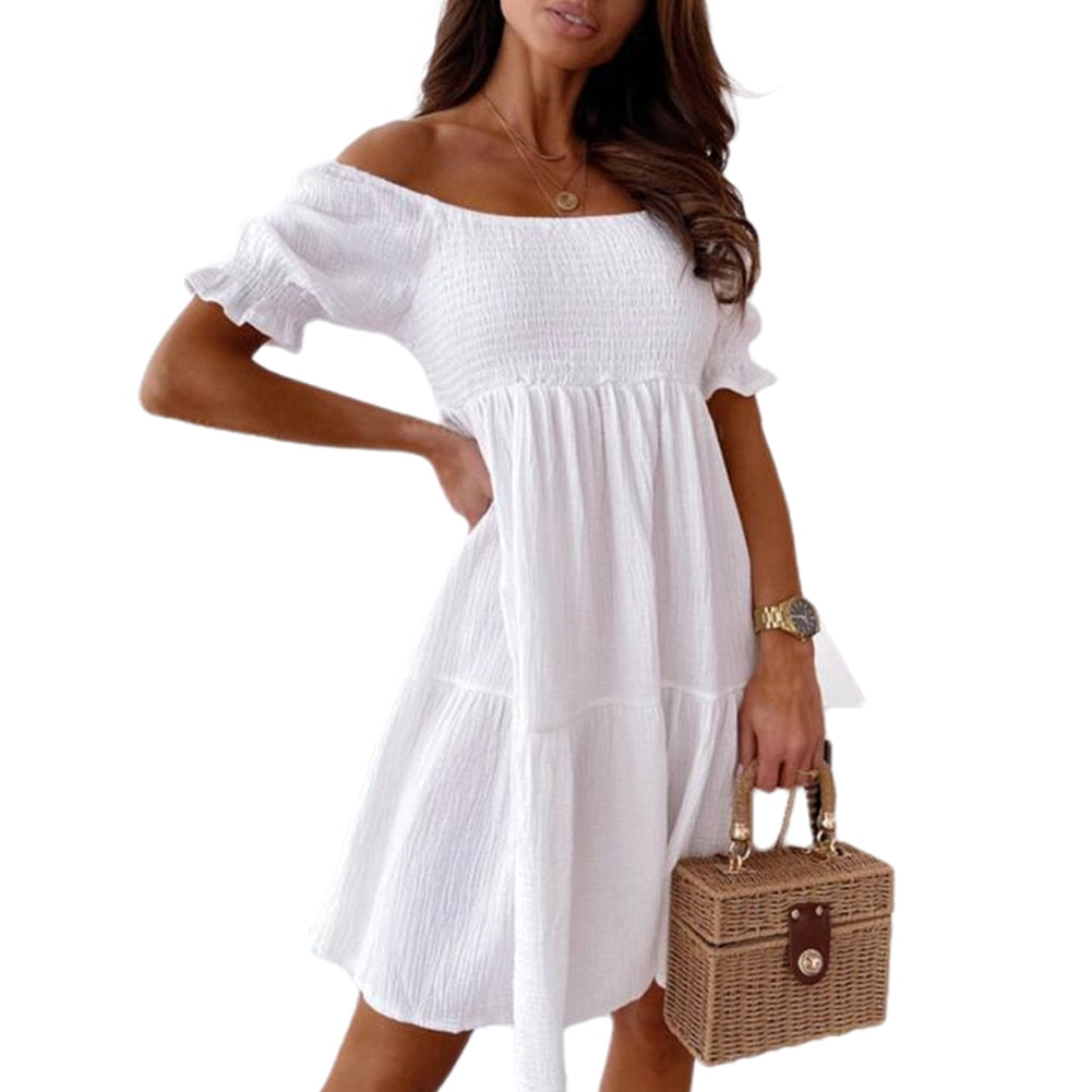 Women Sexy Dress Summer Ladies Beach Swing Off Shoulder Sundress Soild Casual Loose Pleated A-line Sun Dress