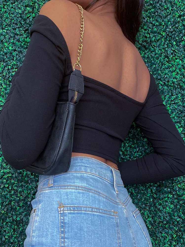 Long Sleeve Crop Tops Spring Fall Casual Fashion Women Square Collar Slim