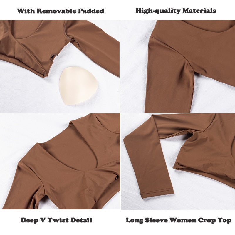 Long Sleeve Gym Crop Tops for Women Twist Deep V Workout Crop