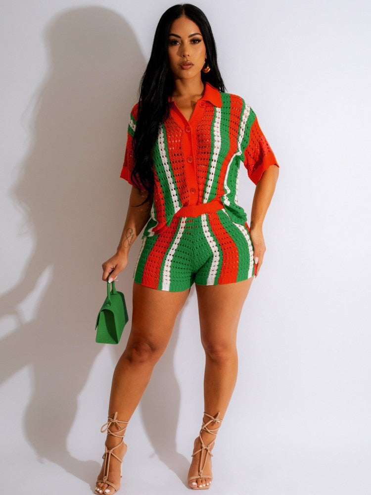 Sexy Women Knitted Set Turn Down Collar Buttons Top Pants Crochet Two Pieces Set