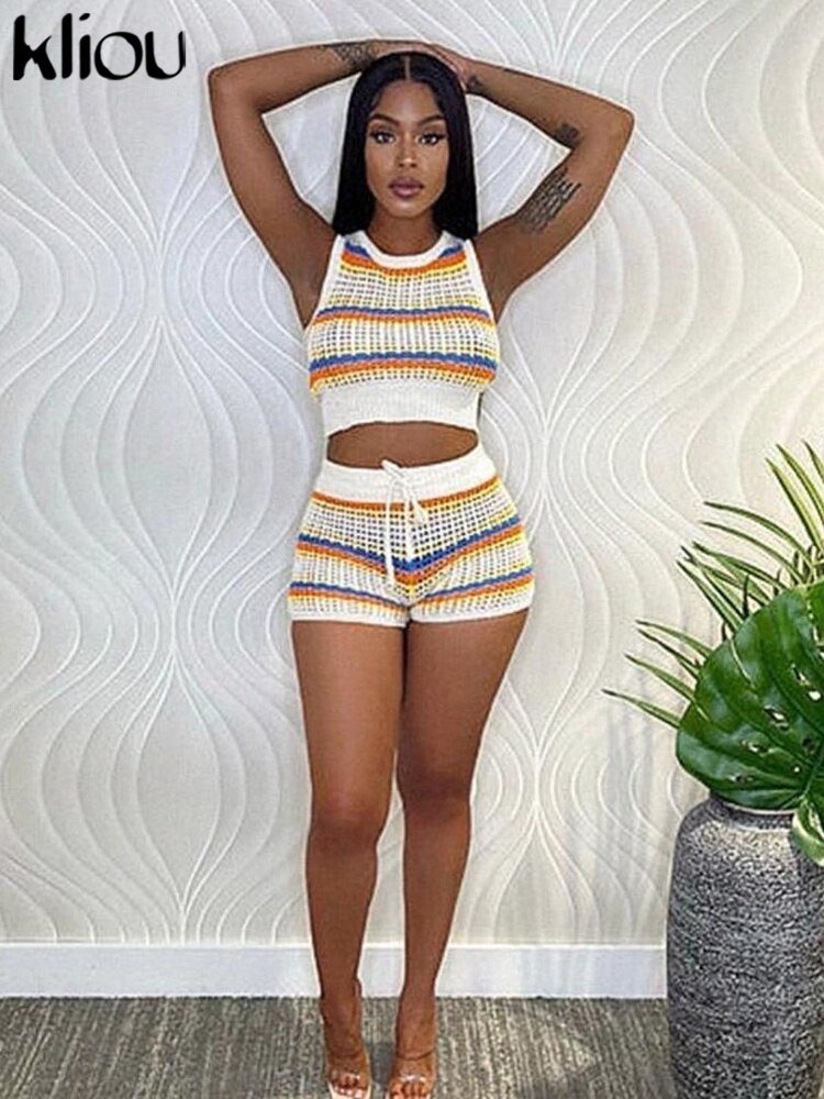 Kliou Knitted Striped Patchwork Two Piece Set Women Casual