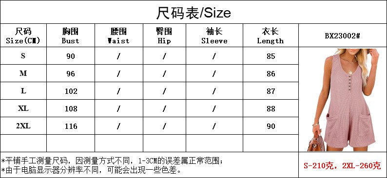 Women Loose Pocket Playsuits Summer Female V Neck Button Sleeveless Tank Wide Leg Romper Jumpsuits Female Overalls BXKJ-BX23002