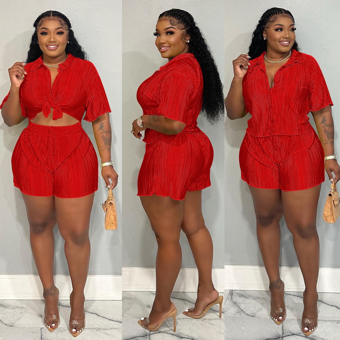 QFAF Fashion Pleated Women's Set Short Sleeve overiszed Shirt and Shorts Suit 2023 Summer Two 2 Piece Set Outfit Tracksuit