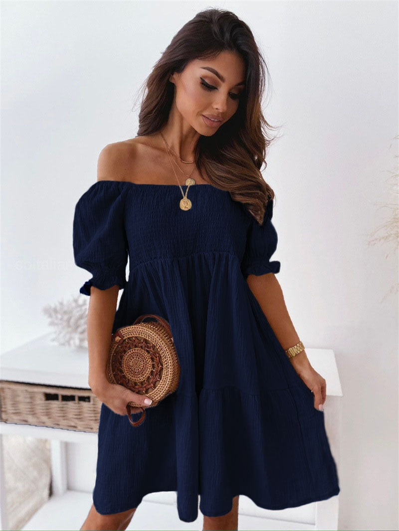 Women Sexy Dress Summer Ladies Beach Swing Off Shoulder Sundress Soild Casual Loose Pleated A-line Sun Dress