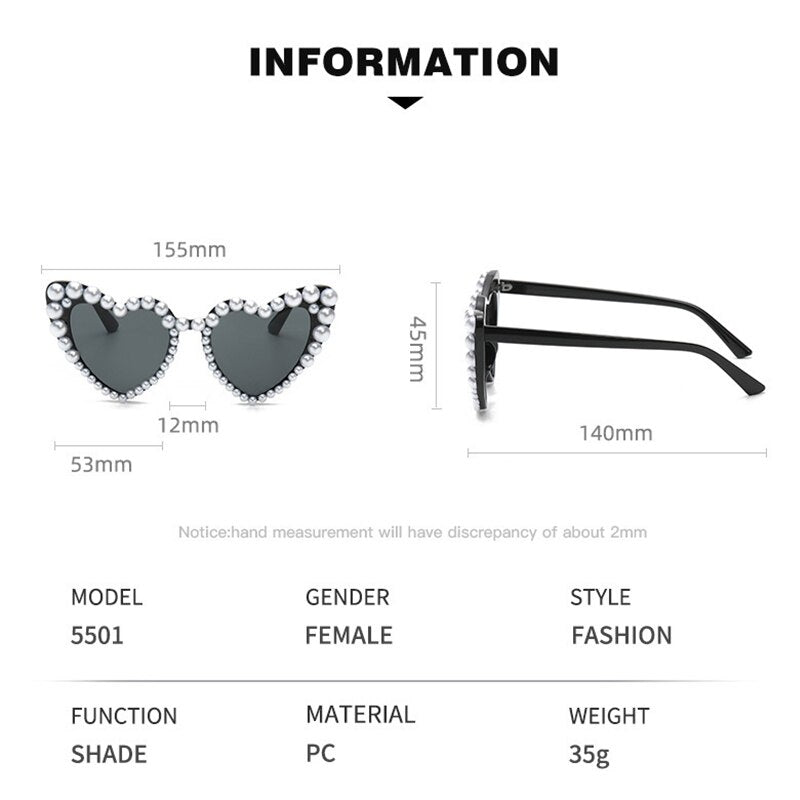 New In Luxury Fine Shimmering Love Pearl Sun Glasses Women Heart Glasses Casual Bling Sunglasses Lentes De Sol Mujer