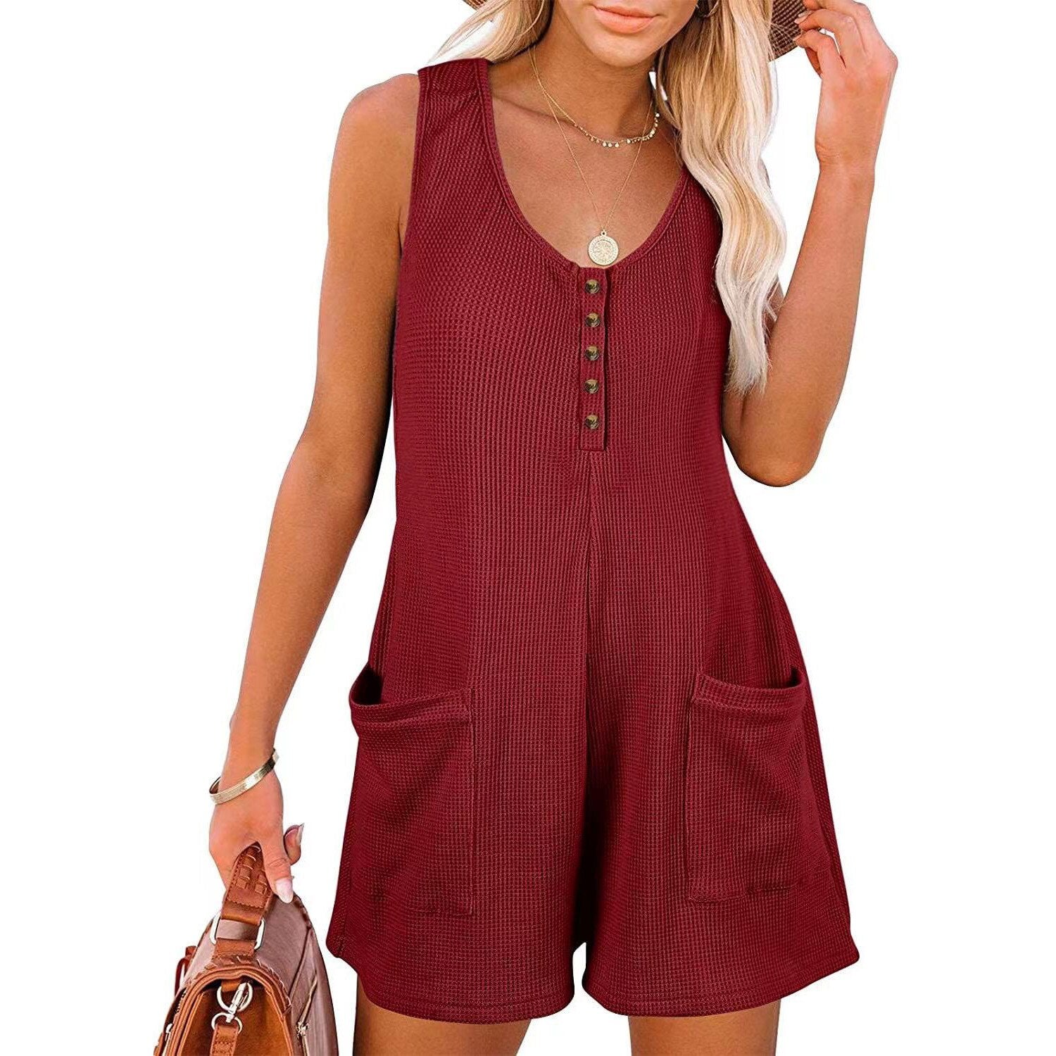 Women Loose Pocket Playsuits Summer Female V Neck Button Sleeveless Tank Wide Leg Romper Jumpsuits Female Overalls BXKJ-BX23002