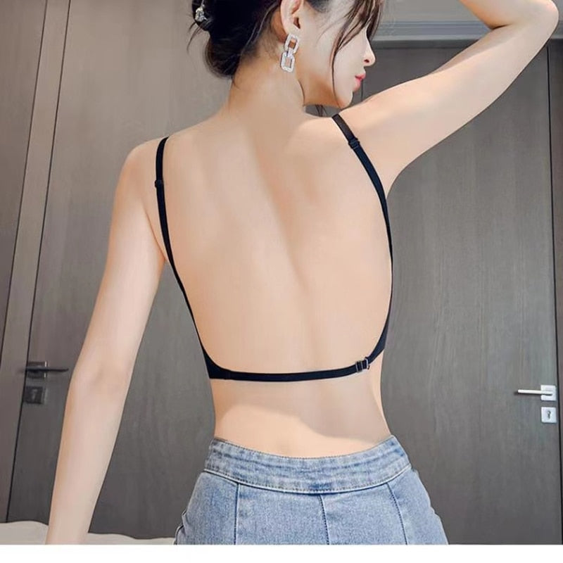 Sexy Large Backless U-shaped Beautiful Back Sling Underwear Women's Thin Section Seamless Small Chest Gathered Strapless Bra