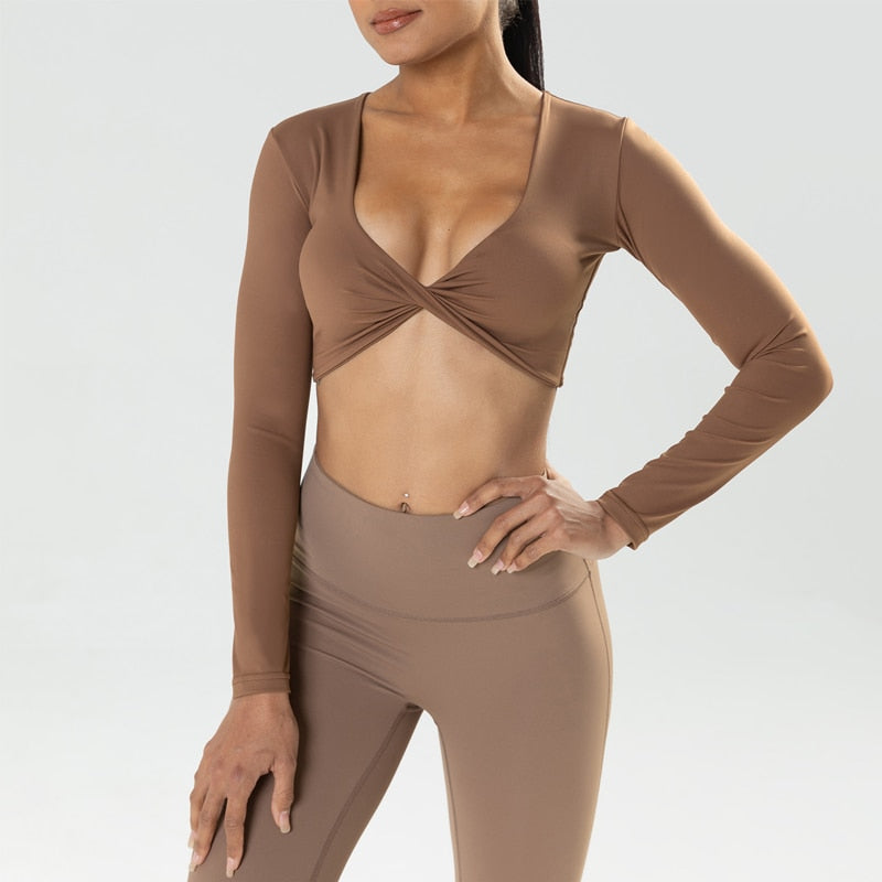 Long Sleeve Gym Crop Tops for Women Twist Deep V Workout Crop