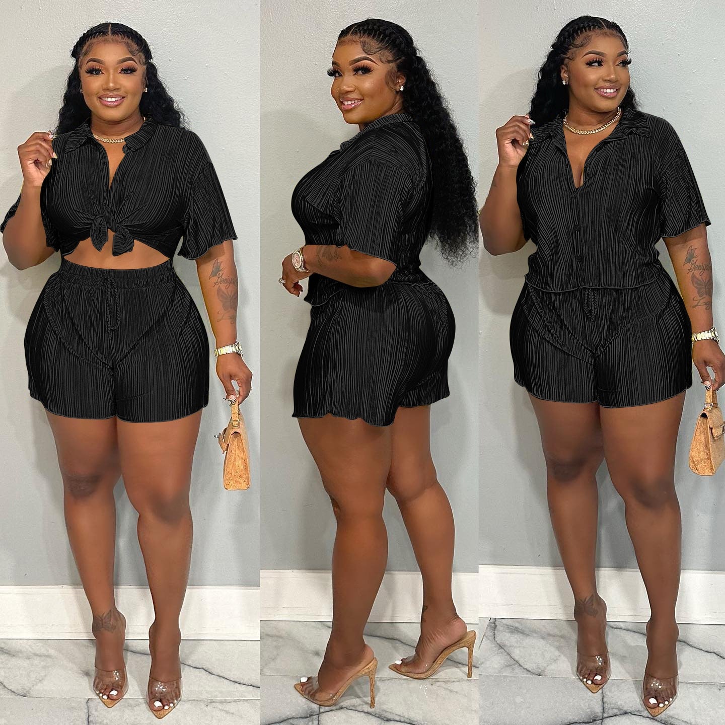 QFAF Fashion Pleated Women's Set Short Sleeve overiszed Shirt and Shorts Suit 2023 Summer Two 2 Piece Set Outfit Tracksuit
