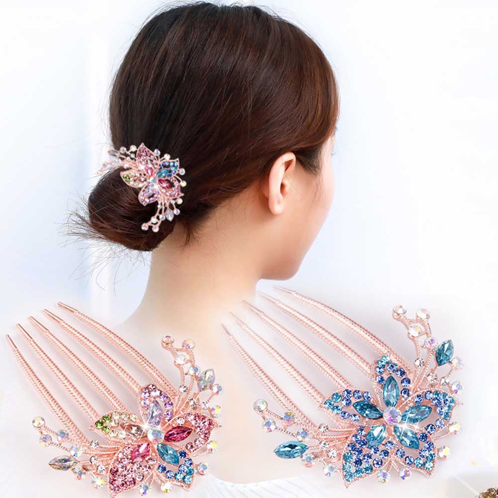Vintage Flower Crystal Hairclips Fashion Rhinestone Hair Combs Plastic Shiny