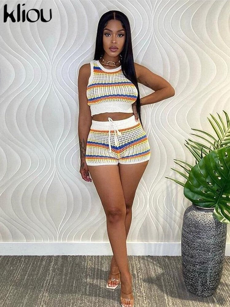 Kliou Knitted Striped Patchwork Two Piece Set Women Casual