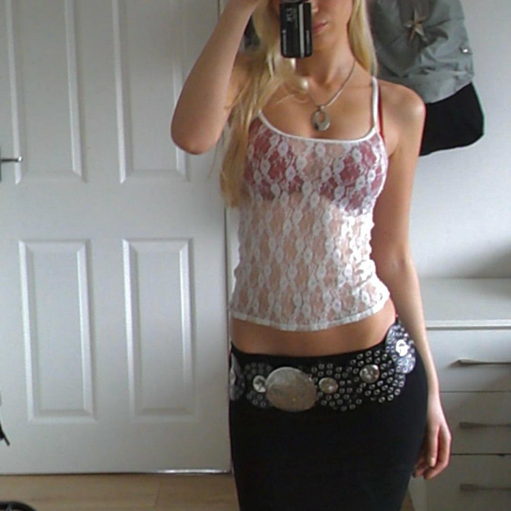 Vintage Basic Floral Lace Camisole Casual Summer Sheer See-through Sleeveless