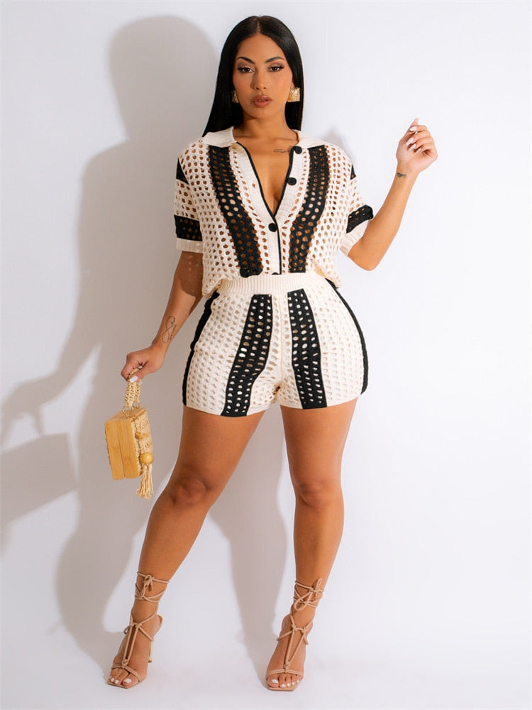Sexy Women Knitted Set Turn Down Collar Buttons Top Pants Crochet Two Pieces Set
