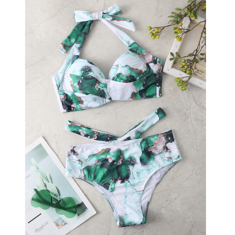 Sexy Bikinis Two Piece Sets Swimwear Women Swimsuit Bathing Suit 2023 Summer Push Up Female Halter Ruched Wrap Front High Waist