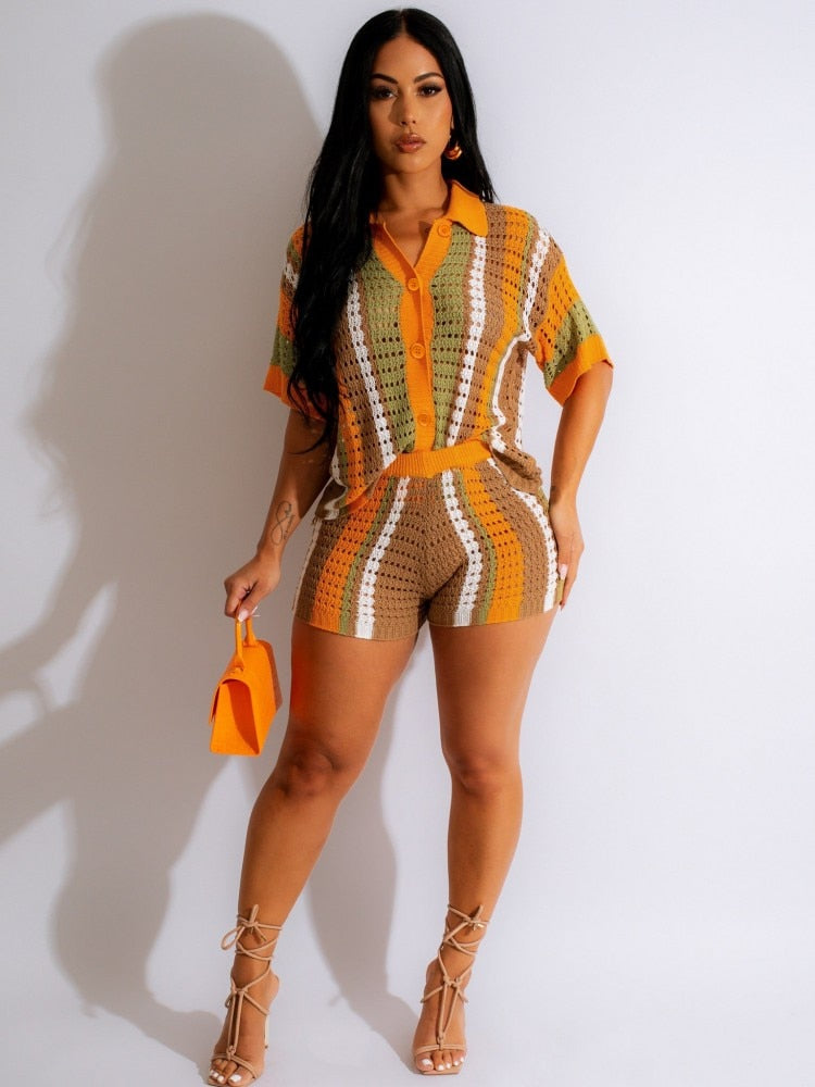 Sexy Women Knitted Set Turn Down Collar Buttons Top Pants Crochet Two Pieces Set