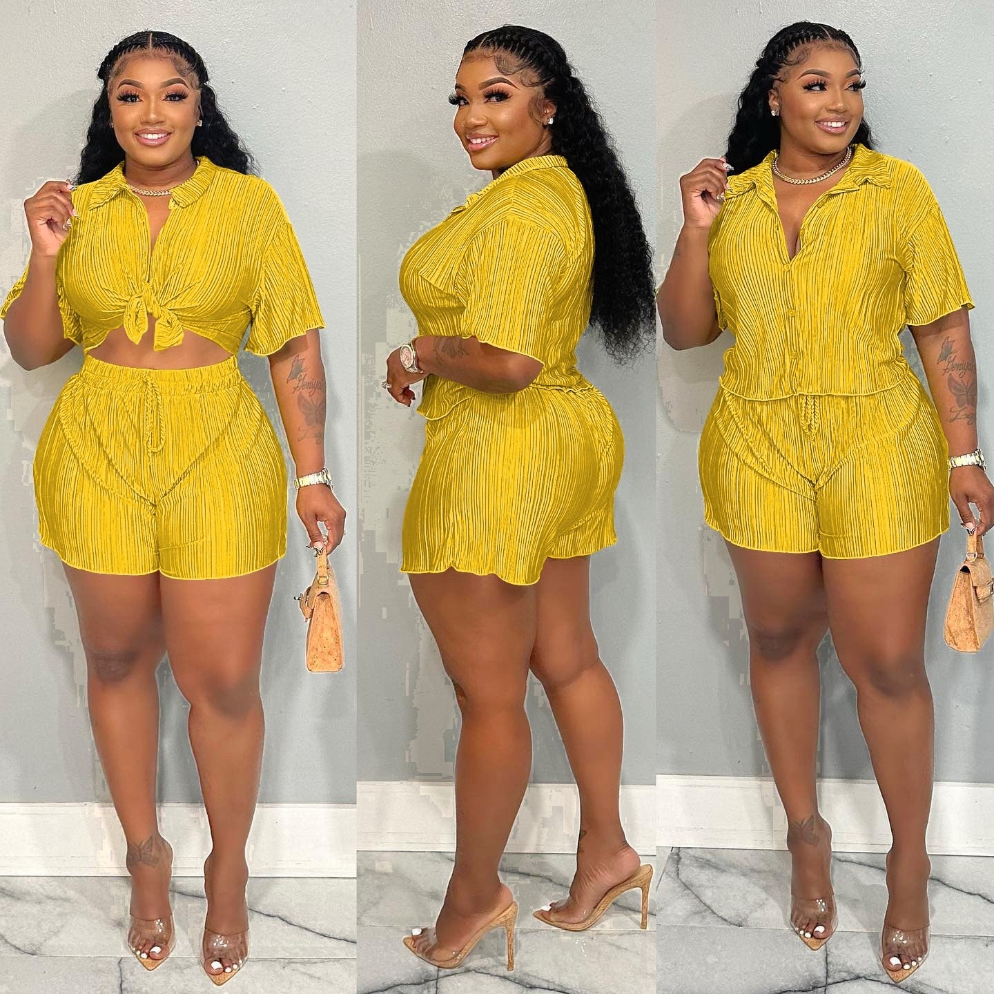 QFAF Fashion Pleated Women's Set Short Sleeve overiszed Shirt and Shorts Suit 2023 Summer Two 2 Piece Set Outfit Tracksuit