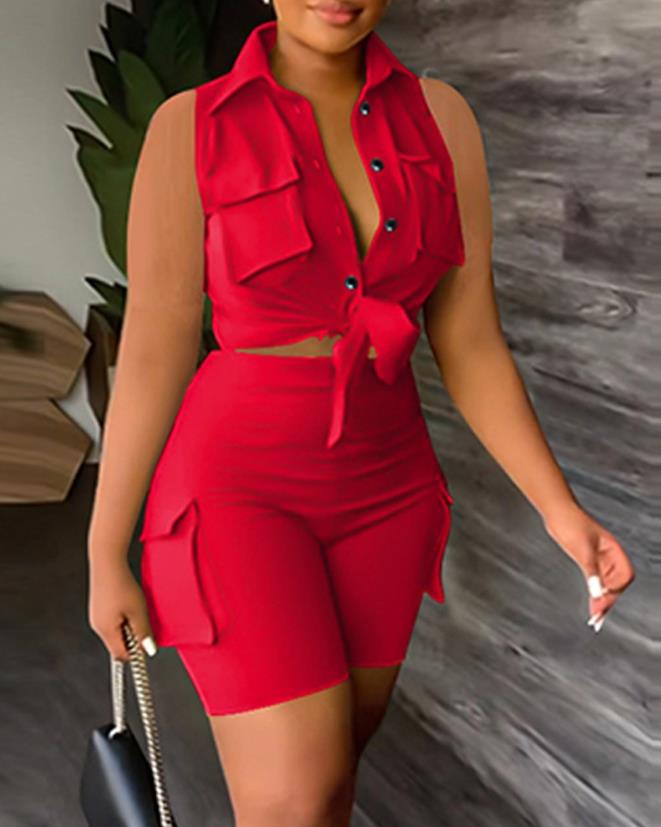sexy Womens Two Piece Sets Outfit Buttoned Pocket Design Sleeveless Top & High Waist