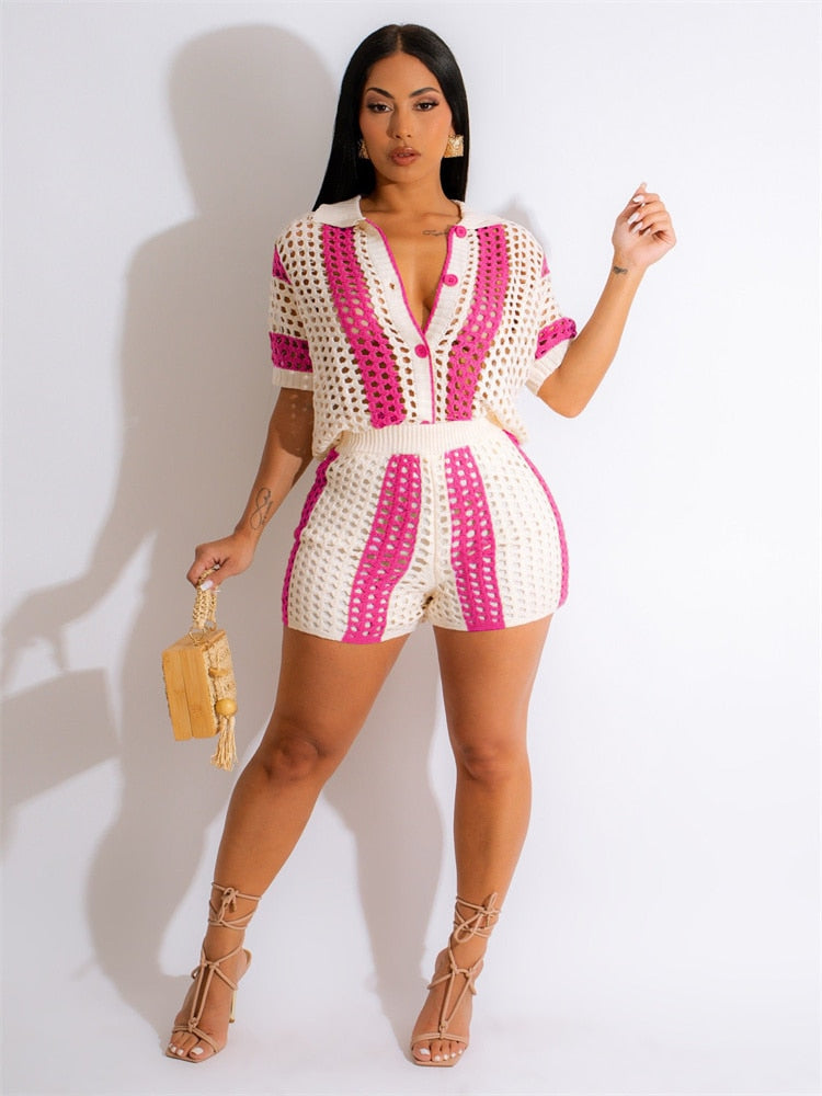 Sexy Women Knitted Set Turn Down Collar Buttons Top Pants Crochet Two Pieces Set