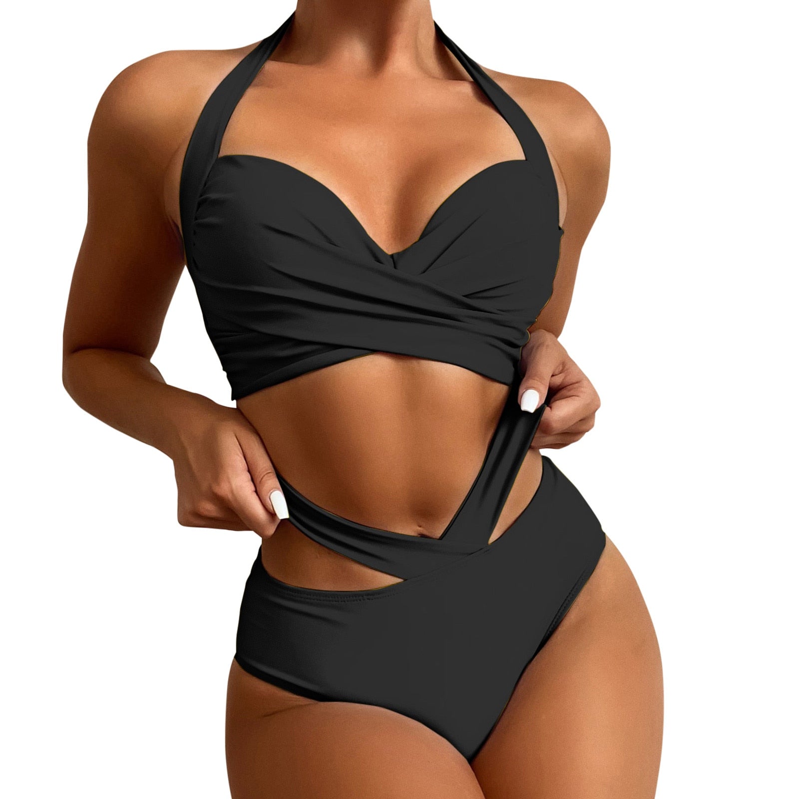 Sexy Bikinis Two Piece Sets Swimwear Women Swimsuit Bathing Suit 2023 Summer Push Up Female Halter Ruched Wrap Front High Waist