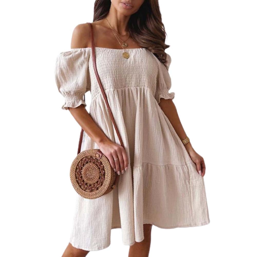 Women Sexy Dress Summer Ladies Beach Swing Off Shoulder Sundress Soild Casual Loose Pleated A-line Sun Dress