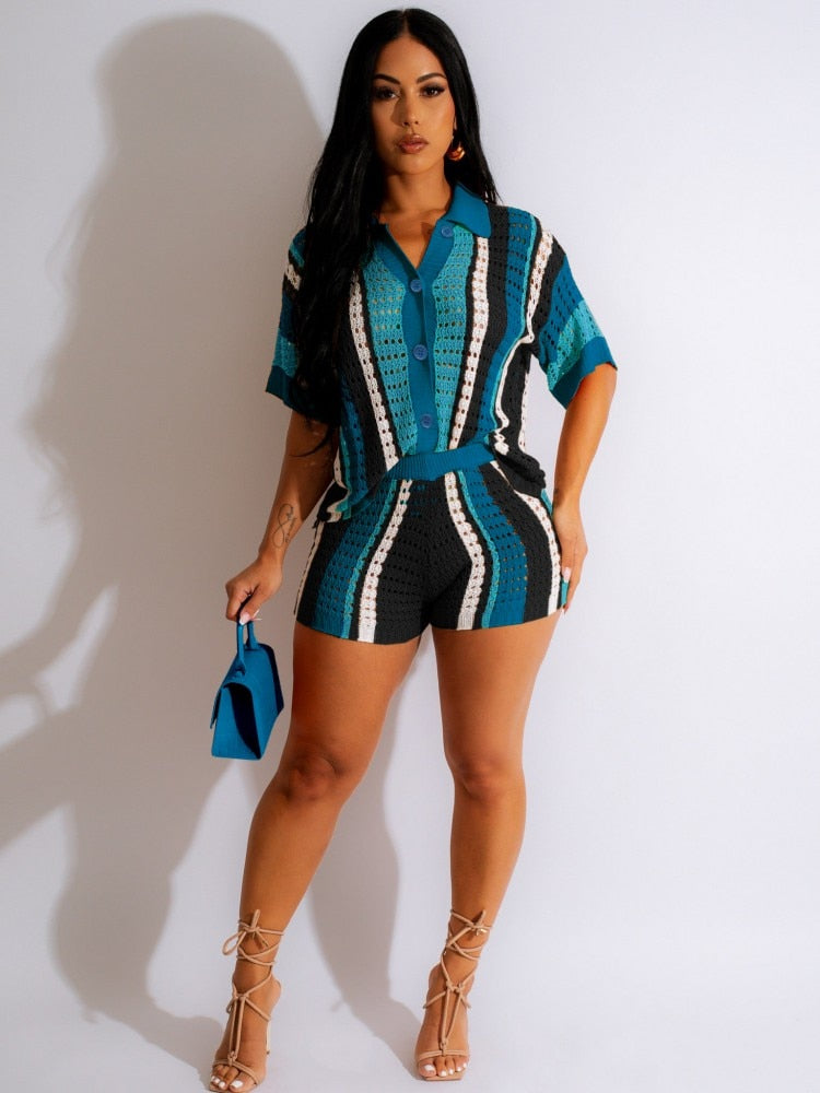 Sexy Women Knitted Set Turn Down Collar Buttons Top Pants Crochet Two Pieces Set