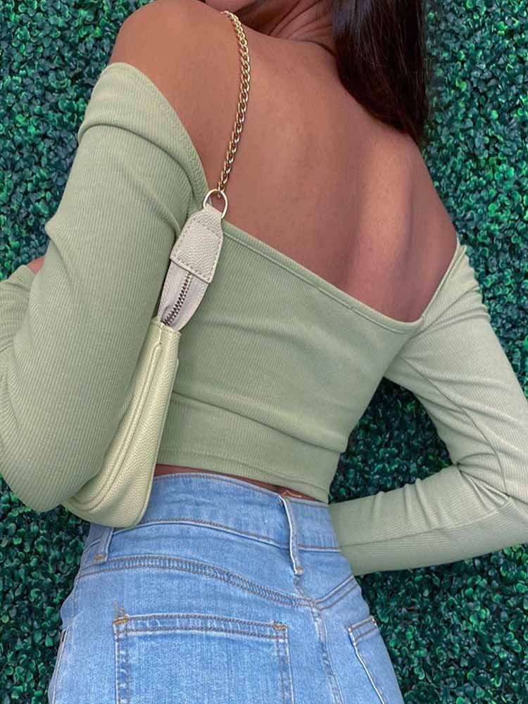 Long Sleeve Crop Tops Spring Fall Casual Fashion Women Square Collar Slim