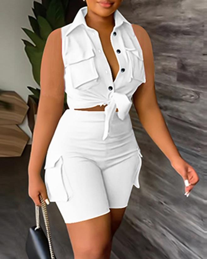 sexy Womens Two Piece Sets Outfit Buttoned Pocket Design Sleeveless Top & High Waist