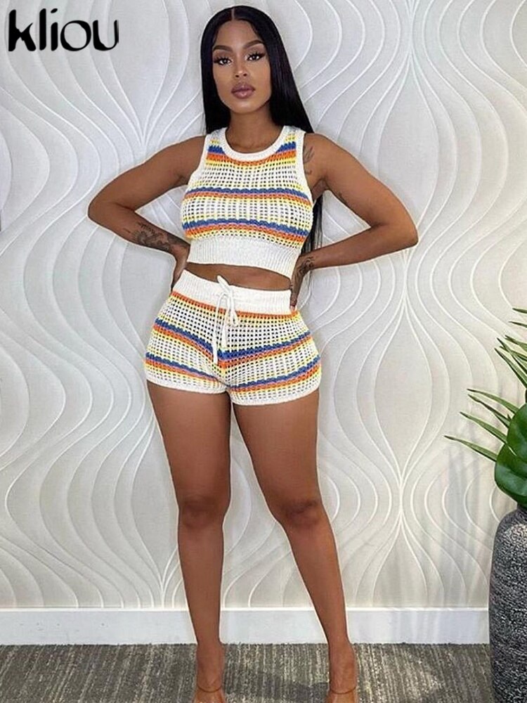 Kliou Knitted Striped Patchwork Two Piece Set Women Casual
