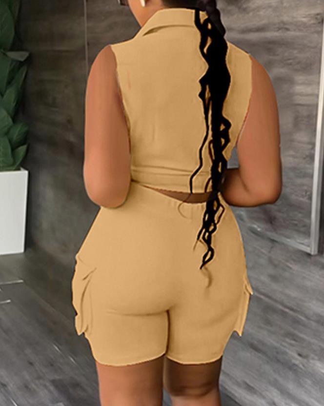 sexy Womens Two Piece Sets Outfit Buttoned Pocket Design Sleeveless Top & High Waist