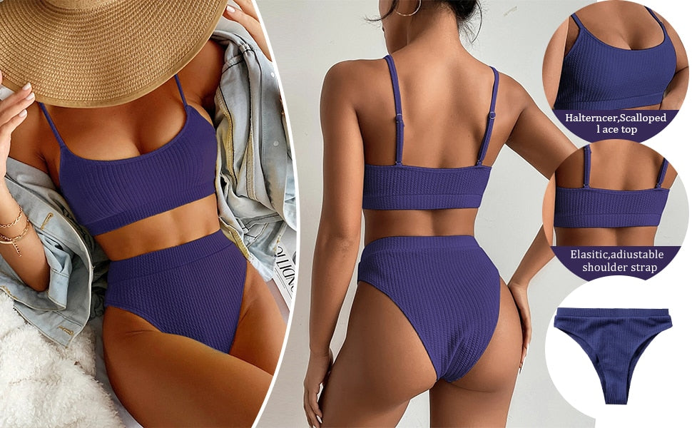 U neck strap top high waist spiral rib women two piece bikini set Brazilian Swimsuit Set