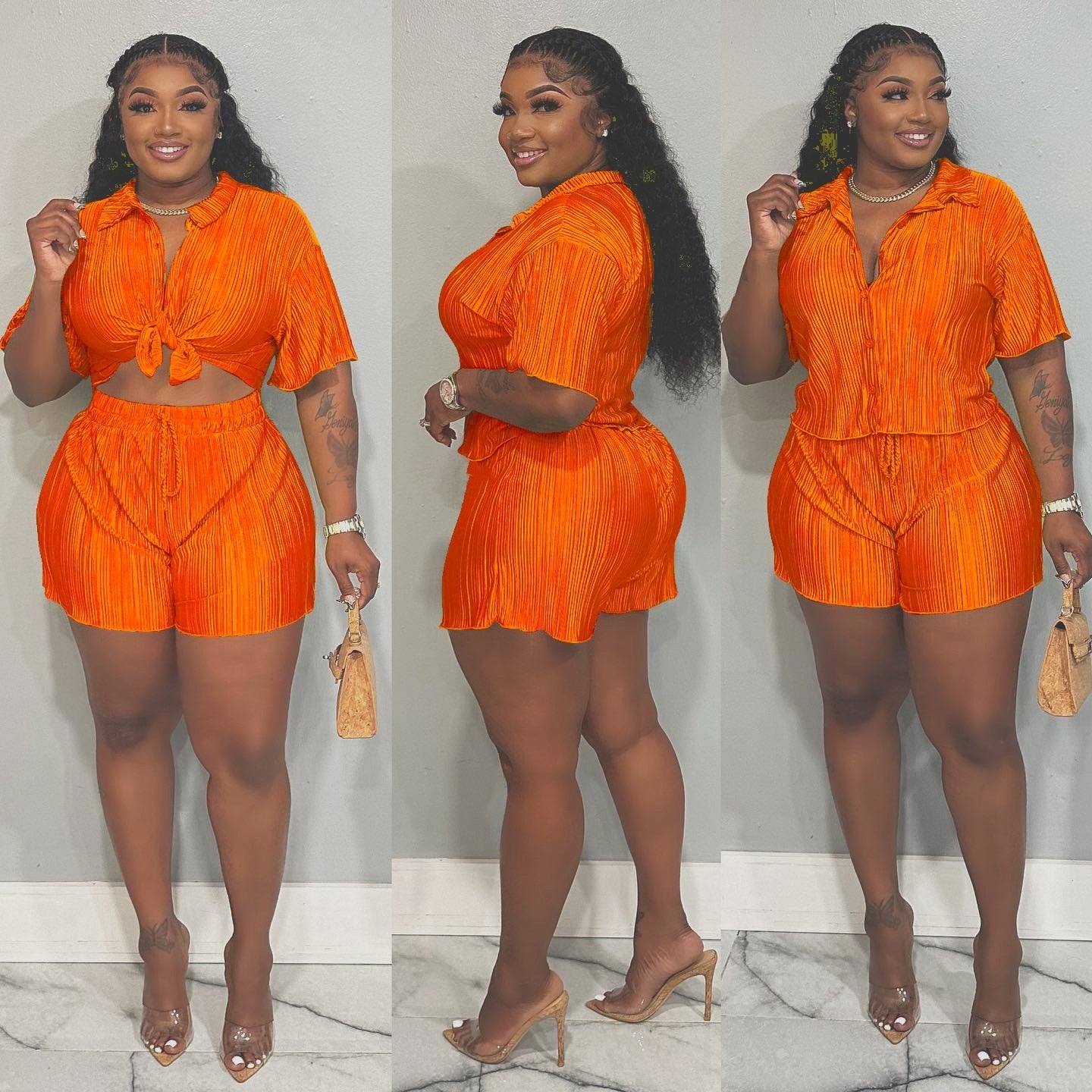 QFAF Fashion Pleated Women's Set Short Sleeve overiszed Shirt and Shorts Suit 2023 Summer Two 2 Piece Set Outfit Tracksuit