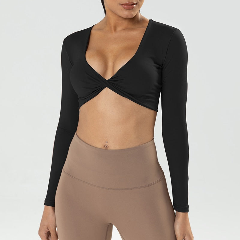 Long Sleeve Gym Crop Tops for Women Twist Deep V Workout Crop