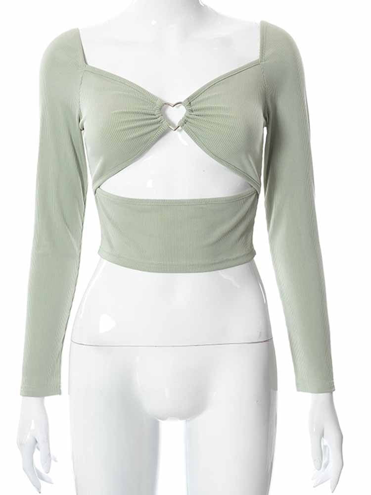 Long Sleeve Crop Tops Spring Fall Casual Fashion Women Square Collar Slim