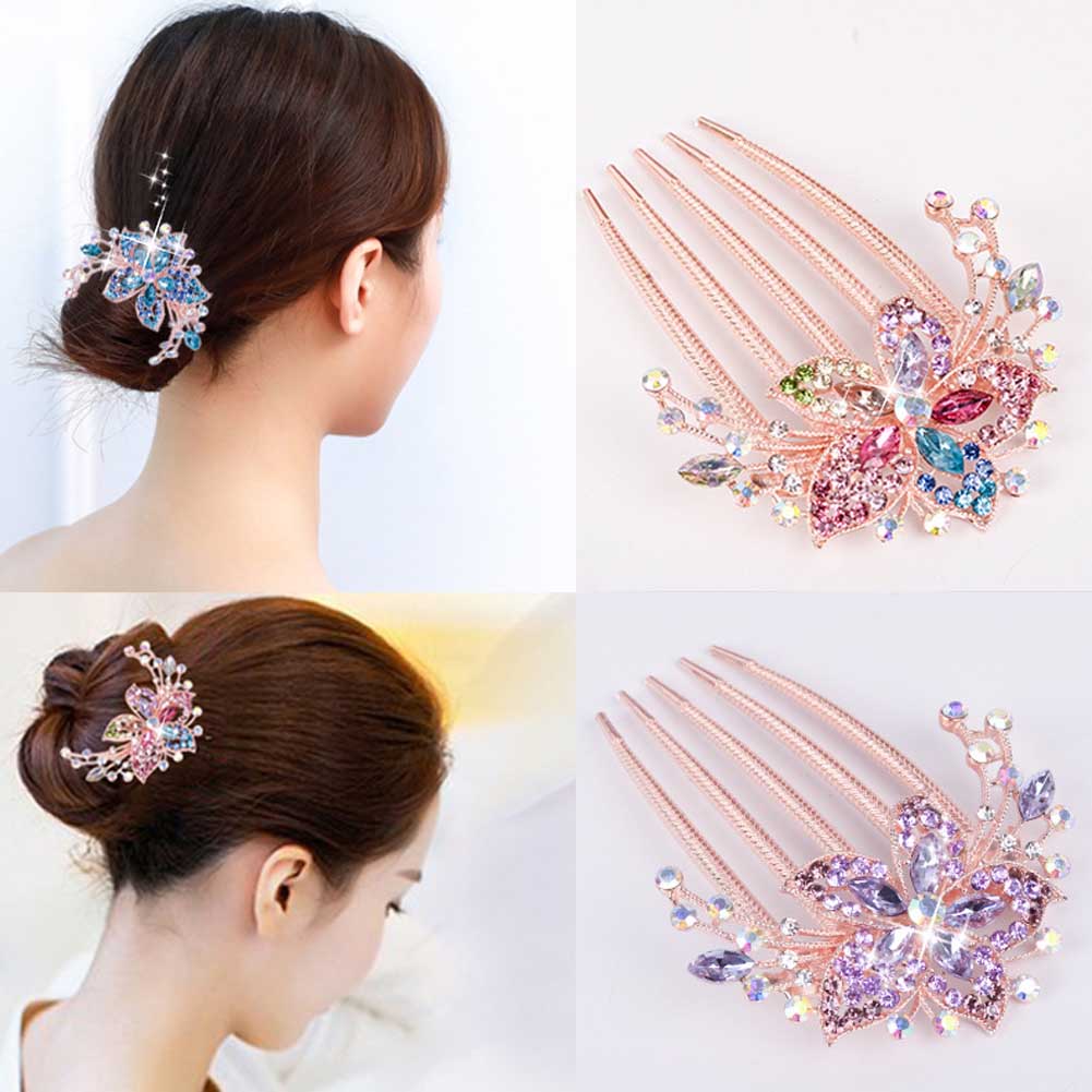 Vintage Flower Crystal Hairclips Fashion Rhinestone Hair Combs Plastic Shiny