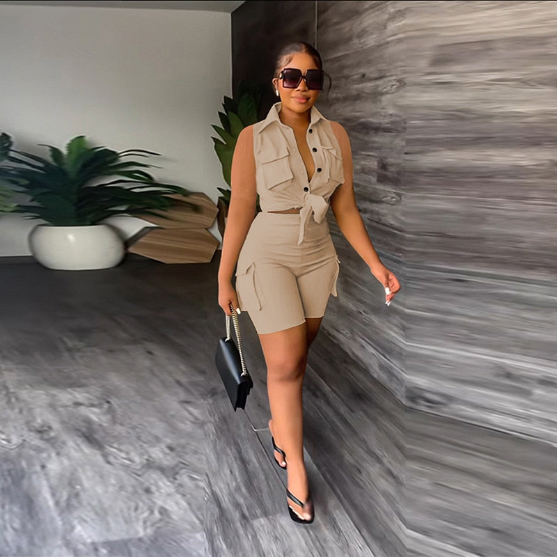 sexy Womens Two Piece Sets Outfit Buttoned Pocket Design Sleeveless Top & High Waist
