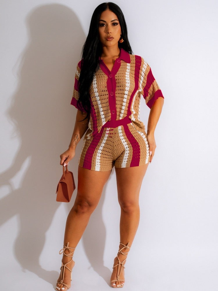 Sexy Women Knitted Set Turn Down Collar Buttons Top Pants Crochet Two Pieces Set