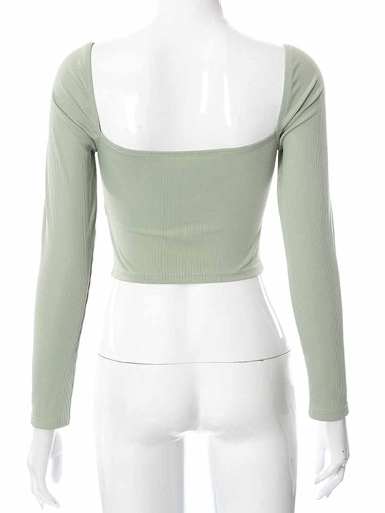 Long Sleeve Crop Tops Spring Fall Casual Fashion Women Square Collar Slim