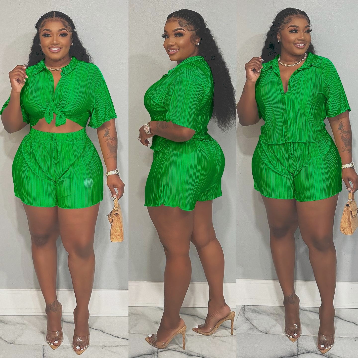 QFAF Fashion Pleated Women's Set Short Sleeve overiszed Shirt and Shorts Suit 2023 Summer Two 2 Piece Set Outfit Tracksuit