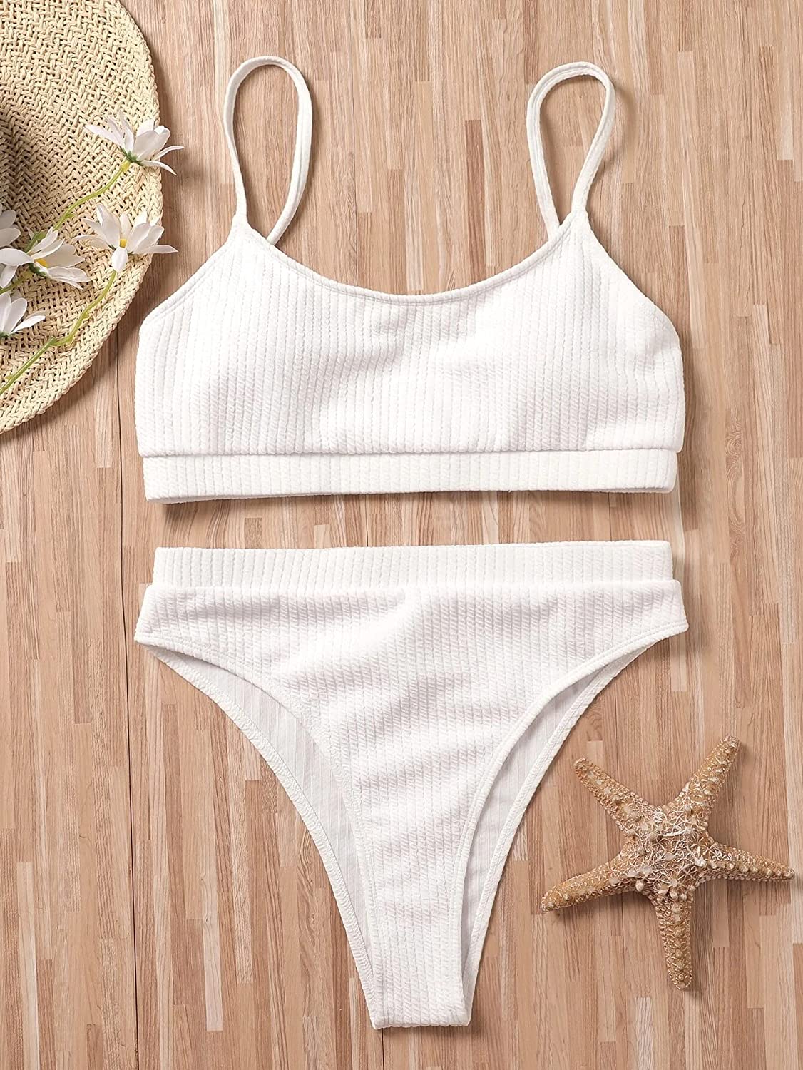 U neck strap top high waist spiral rib women two piece bikini set Brazilian Swimsuit Set