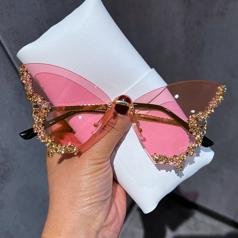 Luxury Diamond Butterfly Sunglasses Women Brand y2k Vintage Rimless Oversized Sun Glasses Ladies Eyewear gafas de sol