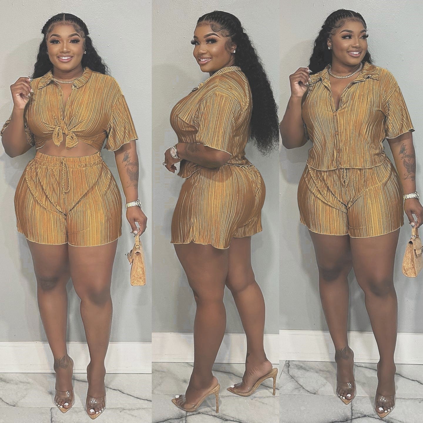 QFAF Fashion Pleated Women's Set Short Sleeve overiszed Shirt and Shorts Suit 2023 Summer Two 2 Piece Set Outfit Tracksuit