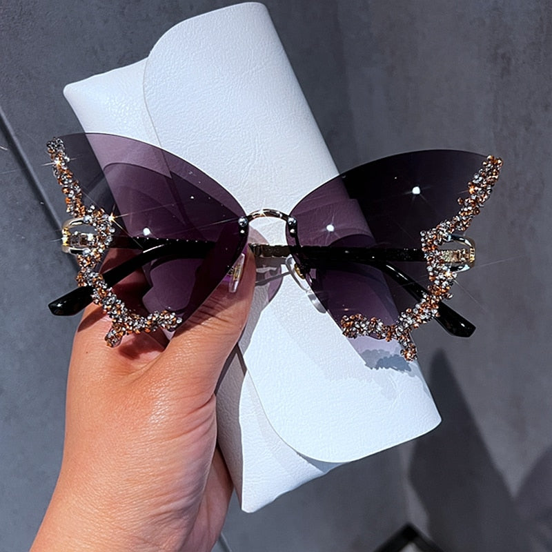 Luxury Diamond Butterfly Sunglasses Women Brand y2k Vintage Rimless Oversized Sun Glasses Ladies Eyewear gafas de sol
