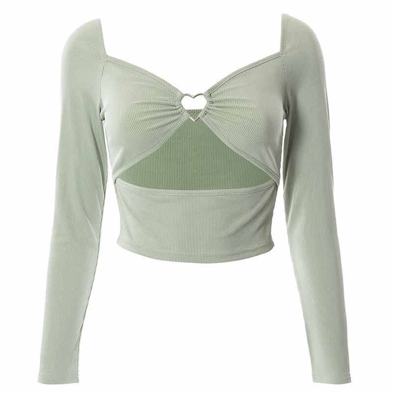 Long Sleeve Crop Tops Spring Fall Casual Fashion Women Square Collar Slim