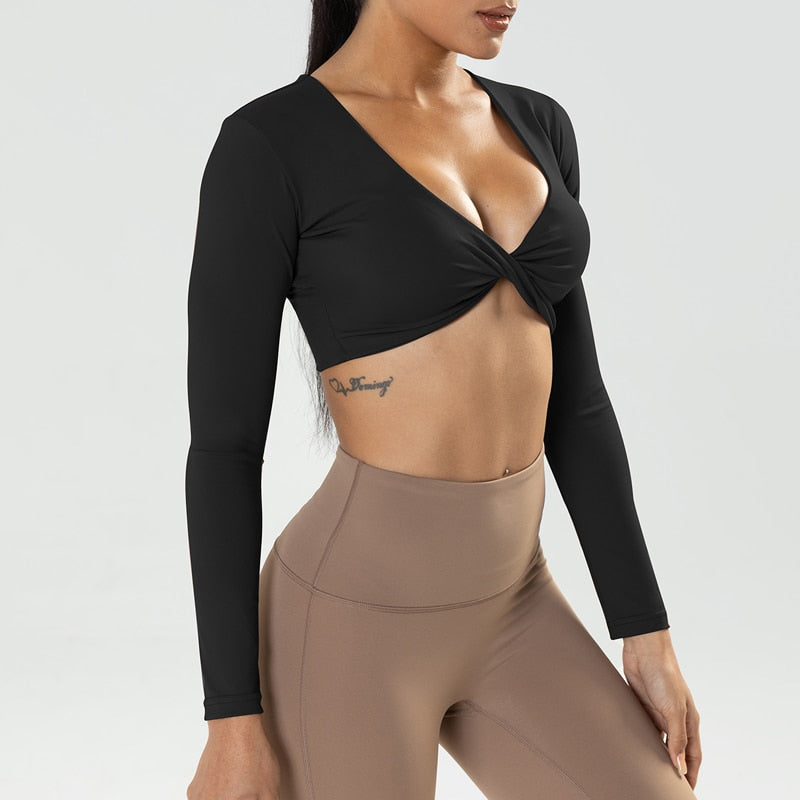 Long Sleeve Gym Crop Tops for Women Twist Deep V Workout Crop