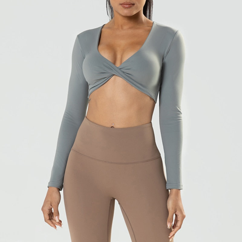 Long Sleeve Gym Crop Tops for Women Twist Deep V Workout Crop